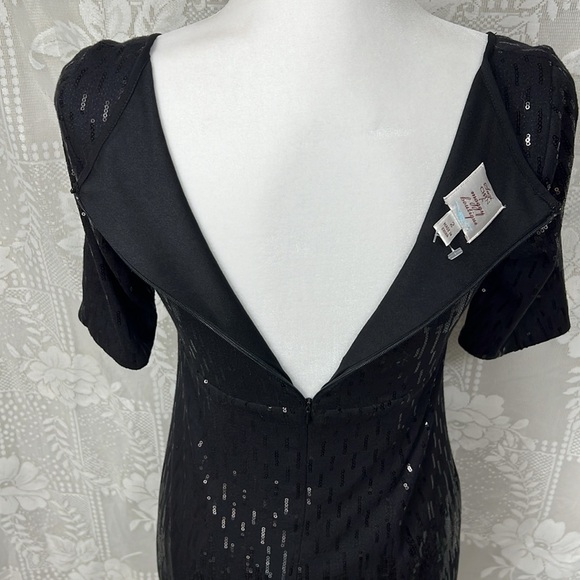 Suzi Chin Black Sequin Jersey Pleated Scoop Neck Party Cocktail Dress - Picture 9 of 10